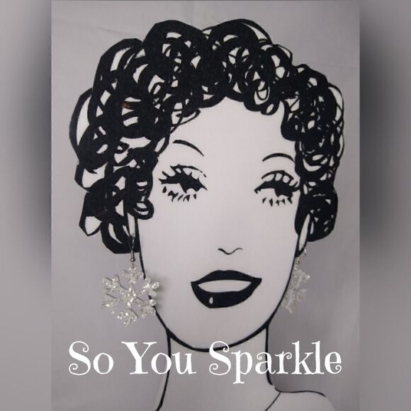 Snowflake White Sparkly Glitter Leather Handcrafted Earrings - Picture 2 of 4